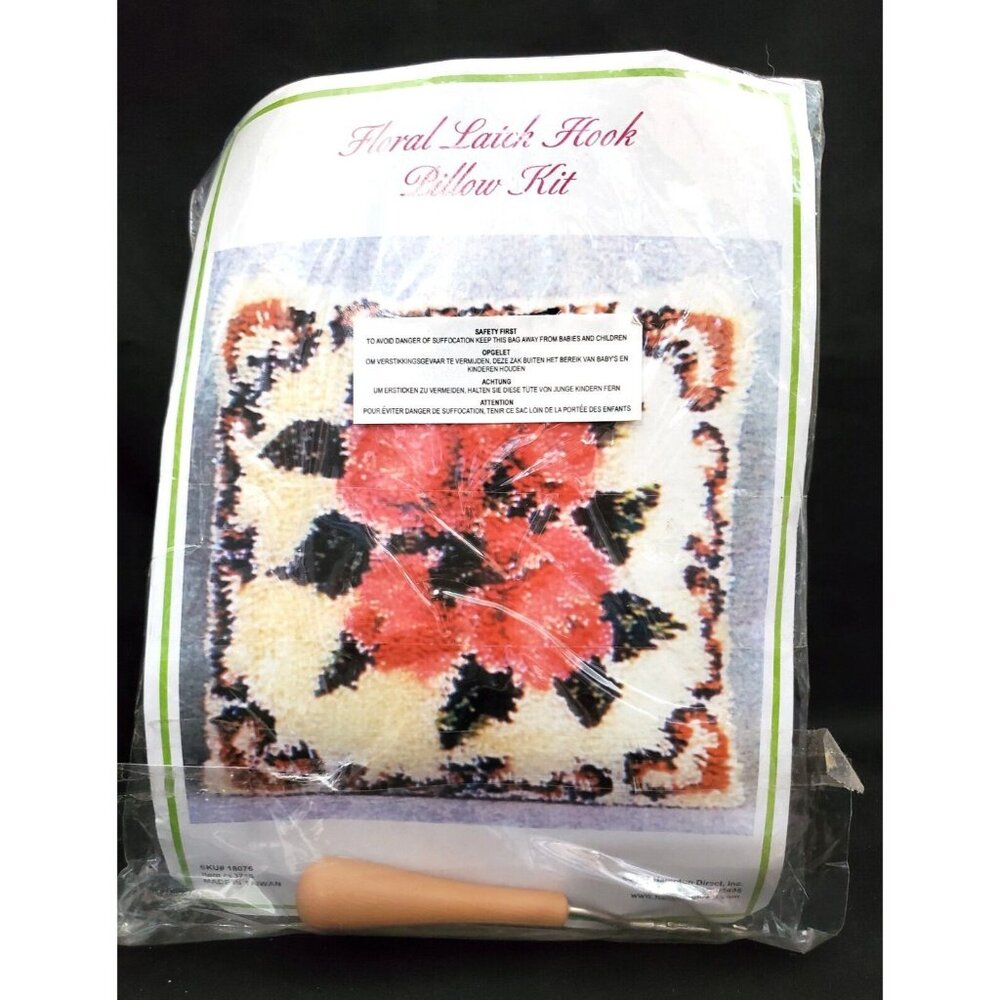 FLORAL LATCH HOOK PILLOW Craft KIT w/ canvas yarn instructions hook pink roses